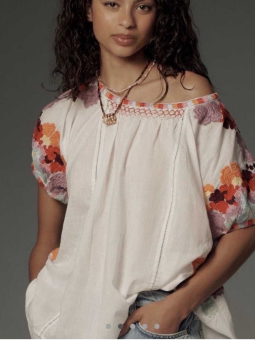 NWT Anthropologie Short-Sleeve Embroidered Berry Oversized Boho Tunic Top, XS